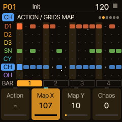 The GRIDS MAP page over a pattern of seven tracks