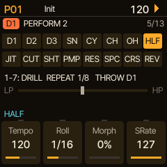 The PERFORM 2 page: keys for drill, cuts, pump, comb, crush and reverse